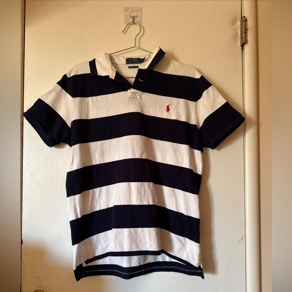 Polo Ralph Lauren Custom Fit Polo Shirt Navy Striped Red Logo | Men's Large